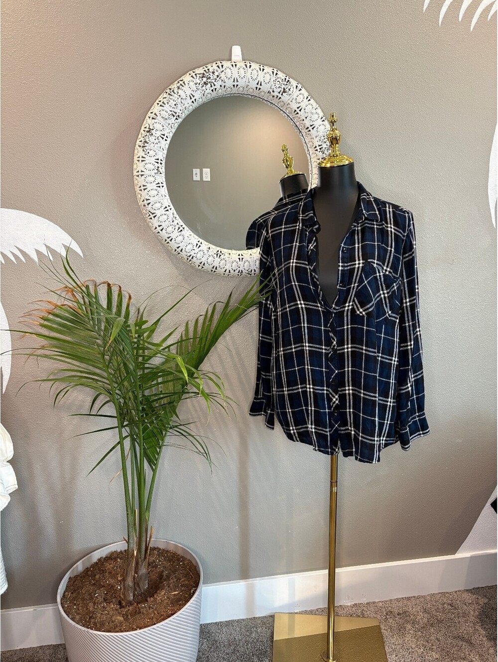 Women's Navy Blue and White Plaid Button-Up Shirt